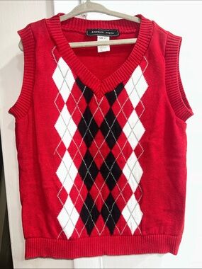 Andrew Fezza Red White and Black Argyle V-Neck Sweater Vest